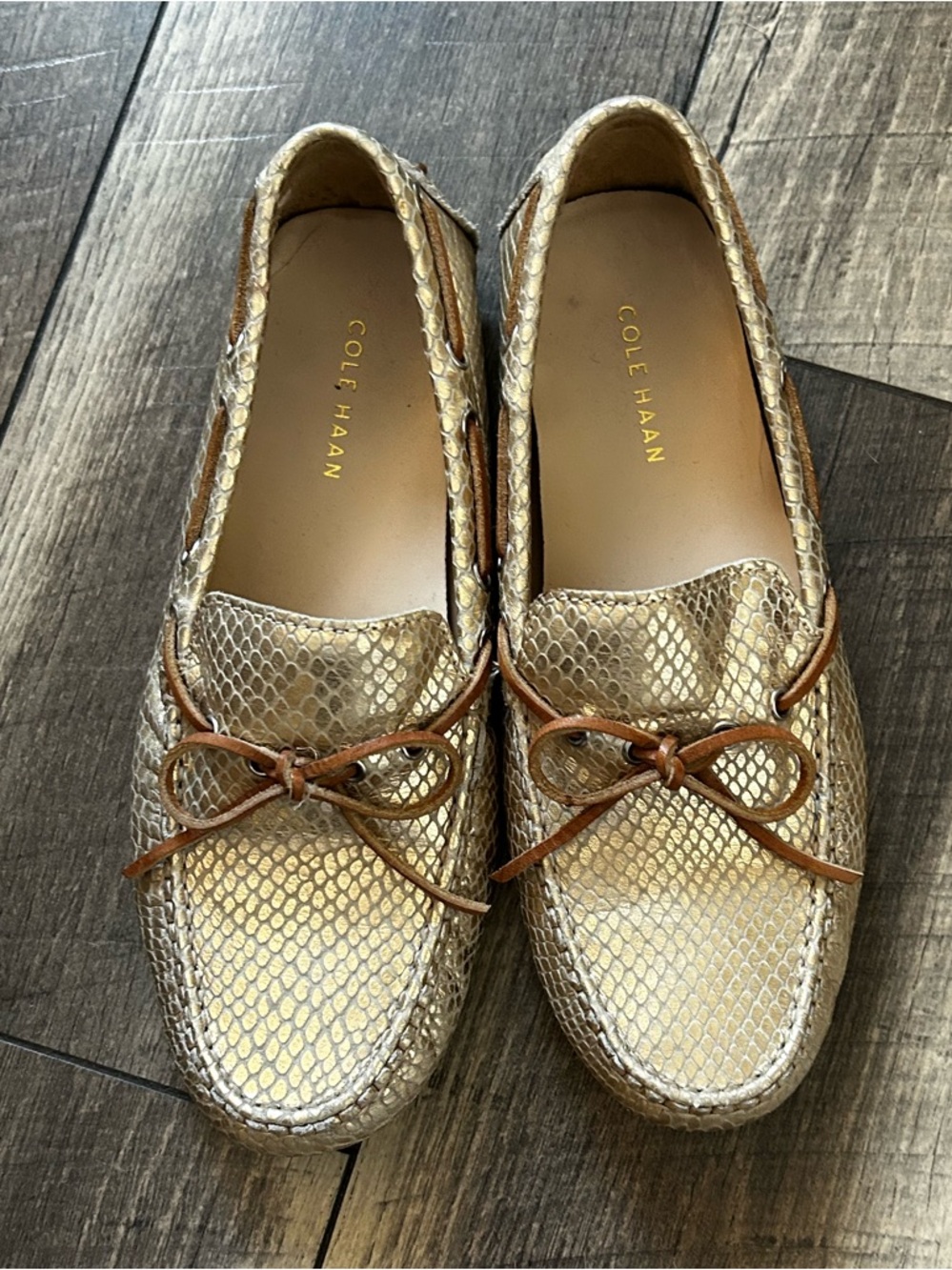 Cole Haan Gold Snake Embossed Leather Loafers Metallic Slip On Flats